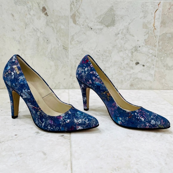 ZAPATO {38} Pumps Floral Fabric Blue Metallic Handmade - Picture 1 of 16